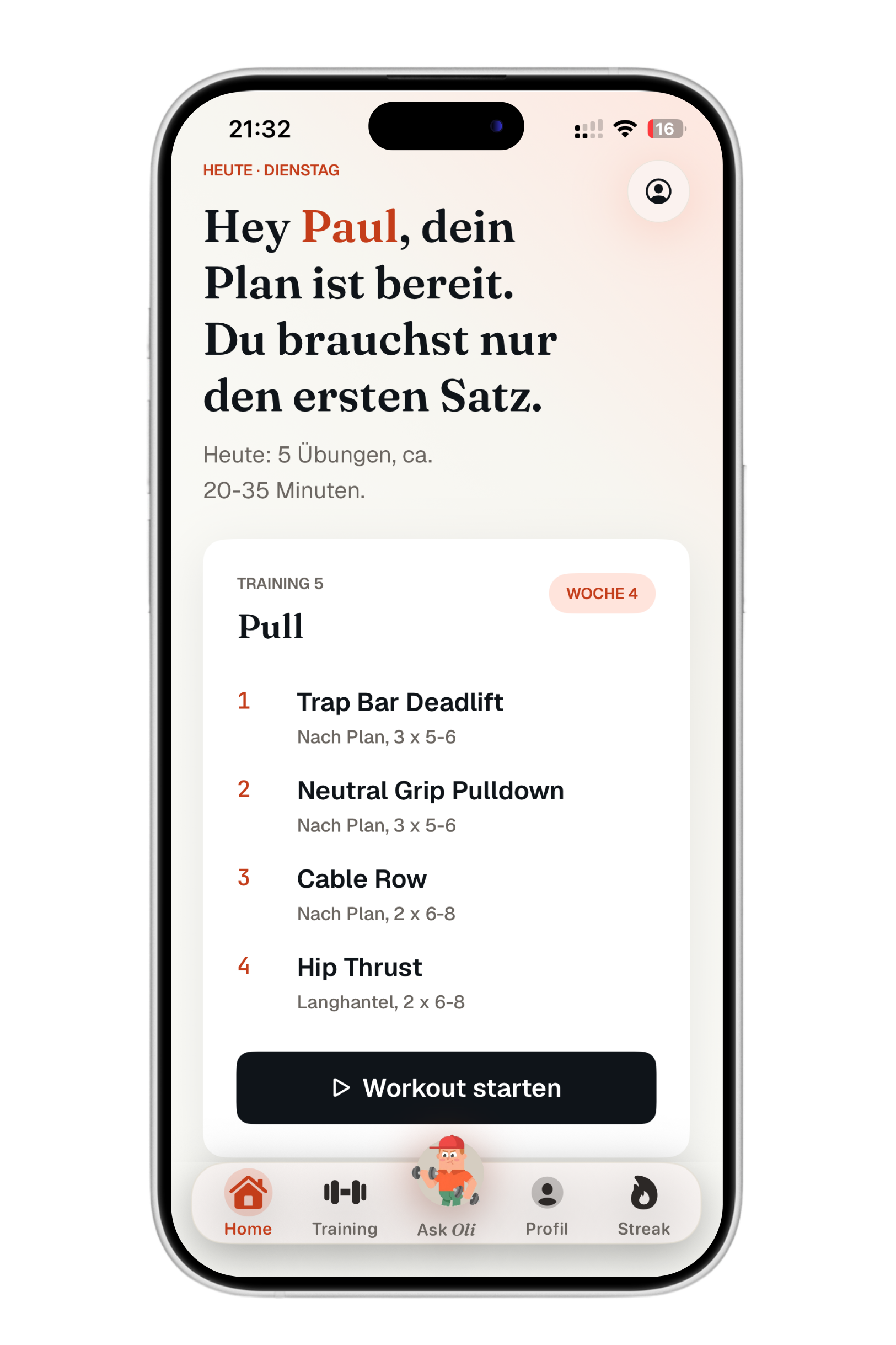 Oli zeigt den persönlichen Trainingsplan des Tages mit Übungen und Starttaste.